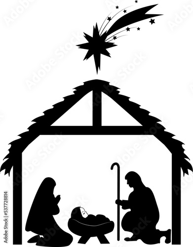 Birth of Christ. Baby Jesus in a manger with Mary and Joseph. Star of Bethlehem.