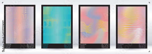 Geometrical Poster Design with Optical Illusion Effect.  Minimal Psychedelic Cover Page Collection. Colorful Wave Lines Background. Fluid Stripes Art. Swiss Design. Vector Illustration for Placard.