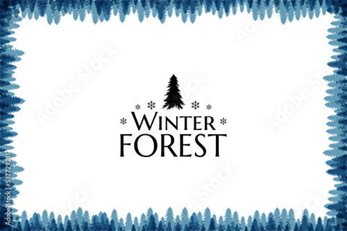 Winter snowy forest. Christmas tree decoration or design  elemets. Holiday banner with frame from fir tree