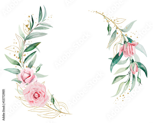 Wreath made of pink watercolor flowers and green leaves, wedding and greeting illustration