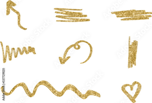 Golden glitter hand drawn retro shapes. Arrow, heart, wavy lines
