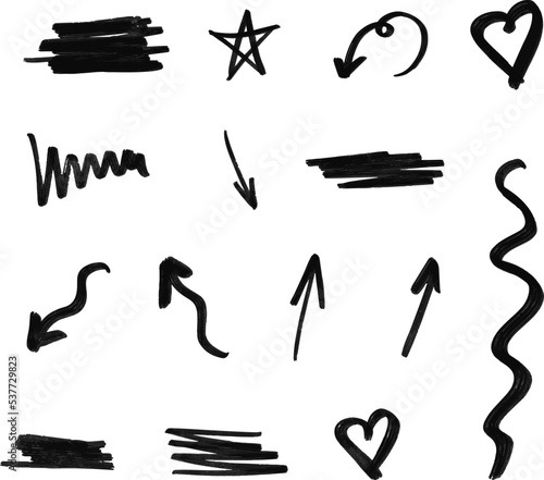 Black hand drawn retro shapes. Arrow, heart, wavy lines 