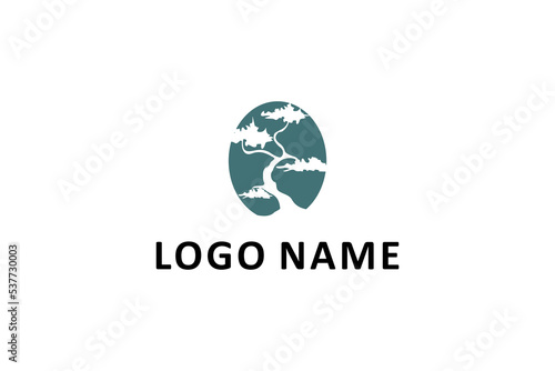 Oriental Bonsai Art, Japanese Mini Small Plant Tree on Pot Silhouette logo design vector