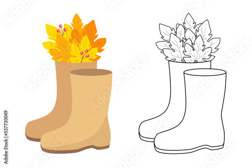 Rubber boots. Vector illustration autumn leaves and berries. Line drawing of shoes with bouquet. Coloring page.
