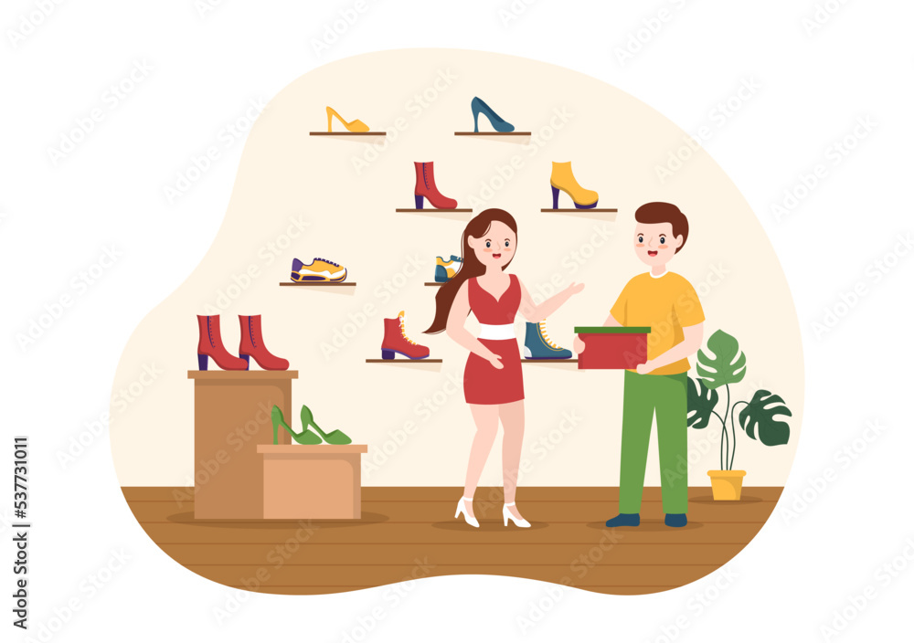 Shoe Store with New Collection Men or Women Various Models or Colors of Sneakers and High Heels in Flat Cartoon Hand Drawn Templates Illustration Shoe Store with New Collection Men or Women Various Models or Colors of Sneakers and High Heels in Flat Cartoon Hand Drawn Templates Illustration