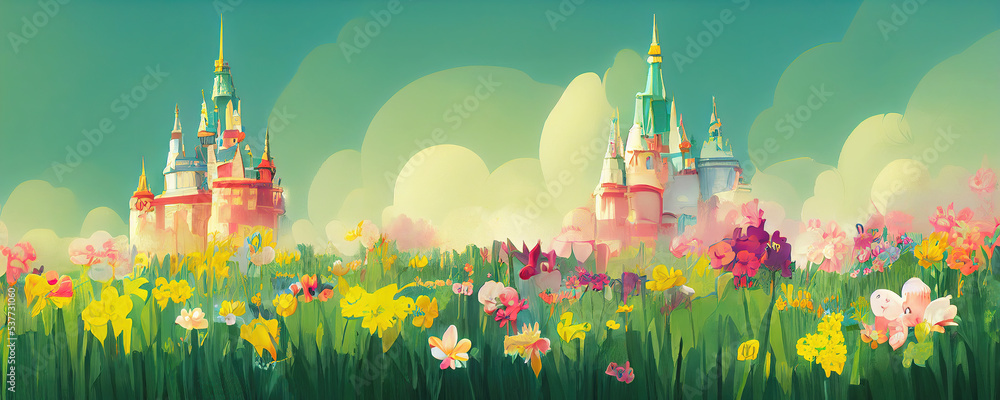 Obraz premium Two magical fairytale castles on summer meadow with flowers