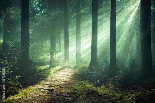 Sunlight in Euopean forest with hiking trail © Robert Kneschke