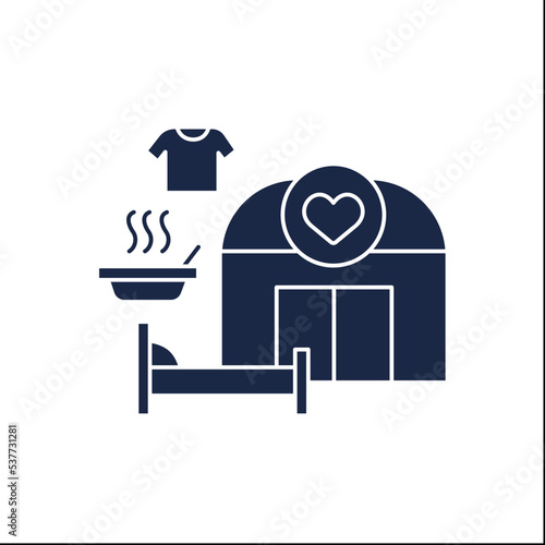 Shelter glyph icon. Temporary establishment providing food and shelter for homeless or poor people. Houses and hot food, cloth for stray.Filled flat sign. Isolated silhouette vector illustration
