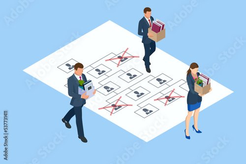 Isometric Layoffs and Dismissal. Workforce Reduction, Downsizing, Reorganization, Restructuring, Outsourcing. Unemployment, Jobless, Employee Job Reduction Metaphor. Sad Fired Office Worker with Box