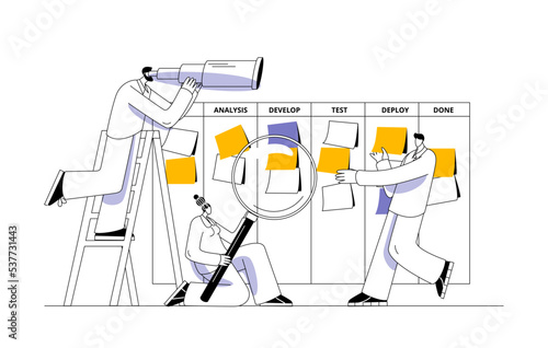 The team is bustling around the kanban board. Vector illustration on the topic of agile methodology in the work.
