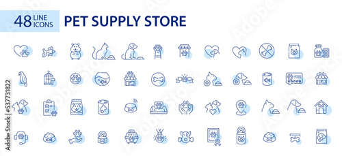 48 line art pet supply store icons. Food, veterinarian and housing. Pixel perfect, editable stroke art 