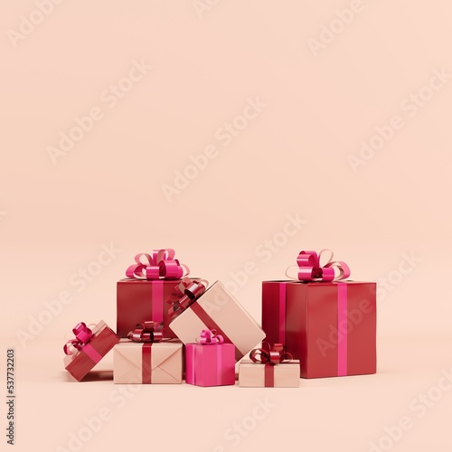 Red gift box with red ribbon floating on pink background. minimal Christmas concept idea. © HappyAprilBoy