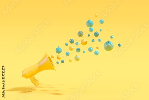 Yellow Megaphone sending Christmas gift box set floating on yellow background. Christmas minimal idea concept. 3D Rendering.