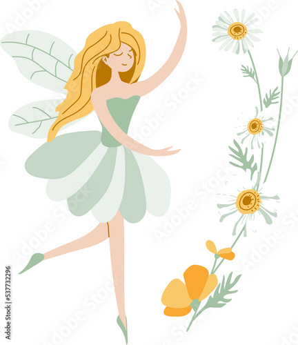 Green Fairy of Flowers. A fairy-tale character. Illustration in hand-drawn style for decoration, postcards 