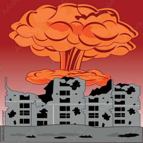 Nuclear explosion and ruined blast big city