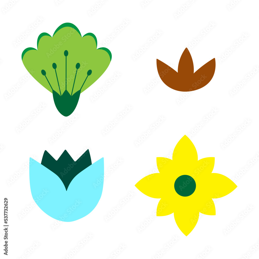 Set of flat spring flower icons in silhouette isolated on white. Nature vector design illustration