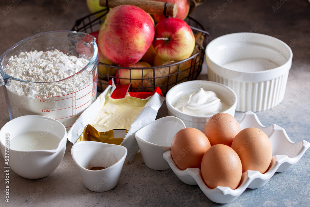 Step-by-step preparation of a layered apple pie, step 1 - preparing the ingredients, horizontal Step-by-step preparation of a layered apple pie, step 1 - preparing the ingredients, horizontal