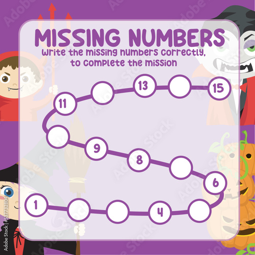 Math worksheet for kids ready to print file. Counting exercise for children Halloween theme. Write the missing number correctly. 