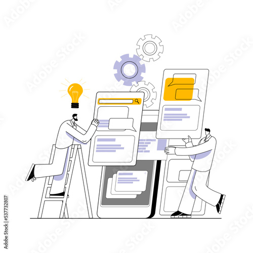 Two IT specialists are engaged in mobile prototyping. A metaphor on the topic of mobile app development.