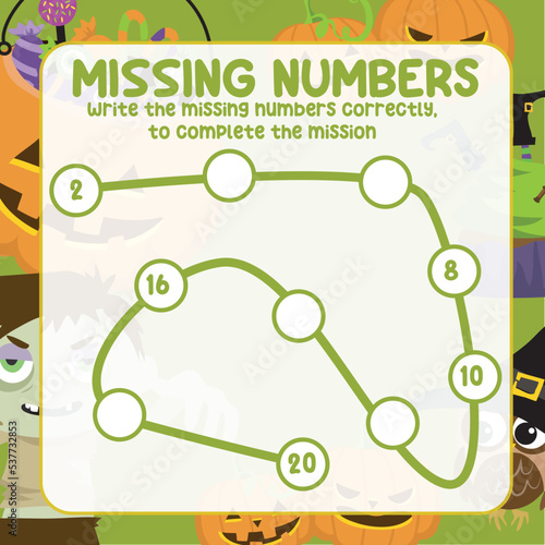 Math worksheet for kids ready to print file. Counting exercise for children Halloween theme. Write the missing number correctly. 