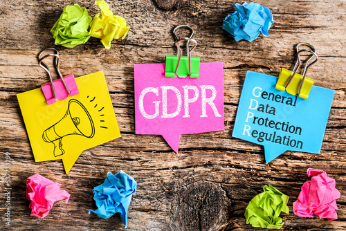 Colorful speech bubbles with clipping concept with the acronym GDPR