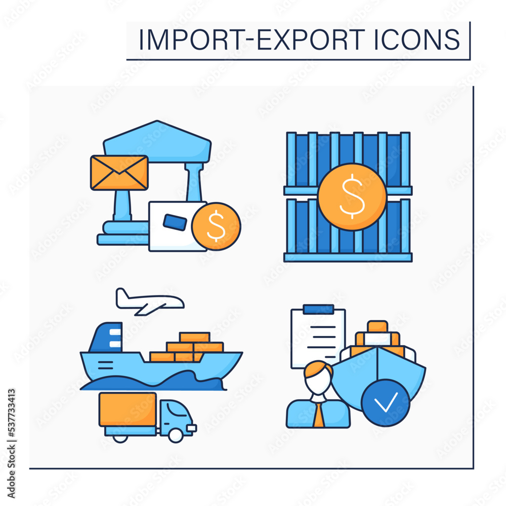 Import Credits Icon Import and export color icons set. Container, letter of credit, ship ...