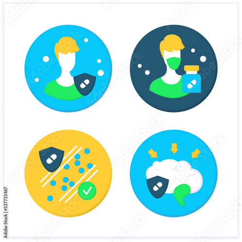 Probiotics flat icons set. Vitamins for brain and for lowering in blood pressure, protecting immune system and influenza. Medicine and healthcare concept. Color vector illustrations