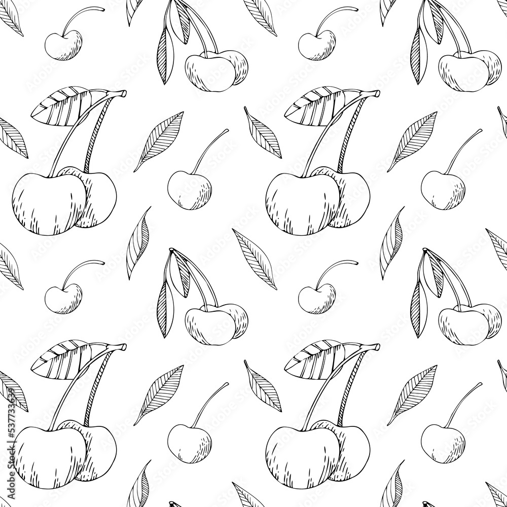 Vector seamless pattern with sketch style cherry and leaves. Fresh harvest hand drawn on minimalistic background. Simple texture for your decor. Template for design textile, fabric, cover, card.