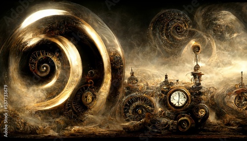 Infinity time spiral in space, antique old clock abstract fractal spiral 3d illustration