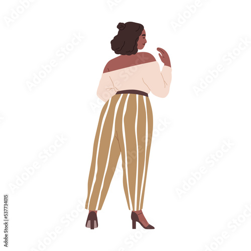 Pretty chubby black woman with curvy plump body, wear modern apparel, heeled ...