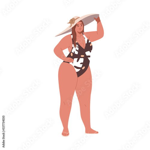 Woman with plump fat curvy body, wearing swimwear and beach hat. Attractive plus-size chubby girl in swimsuit. Modern chunky female. Flat graphic vector illustration isolated on white background