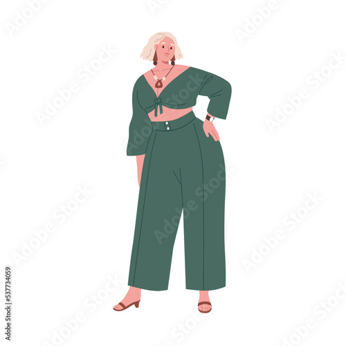 Chubby curvy woman in modern clothes and accessory. Plump chunky plus-size girl wearing stylish fashion apparel, outfit. Pretty stout female. Flat vector illustration isolated on white background