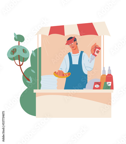 Street food festival vendor at kiosk selling hot dogs, flat vector illustration isolated on white background. Fast Food Festival emblem or banner design.