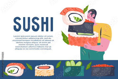 Sushi bar or take away Japanese restaurant banner backdrop with man carrying pile of sushi rolls, flat vector illustration. Japanese cuisine and seafood banner or poster template.
