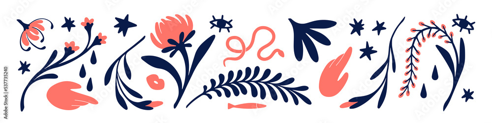 Fototapeta premium Flowers, plants, abstract design elements set. Modern floral and nature decoration bundle. Leaf, branches, minimal clip-arts in trendy style. Flat vector illustration isolated on white background
