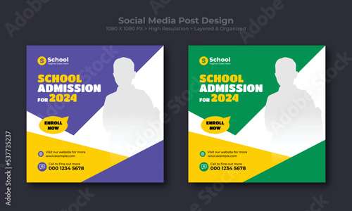 School admission social media post banner or square banner design for instagram and facebook. Back to school admission social media post template with blue, yellow, and green color.