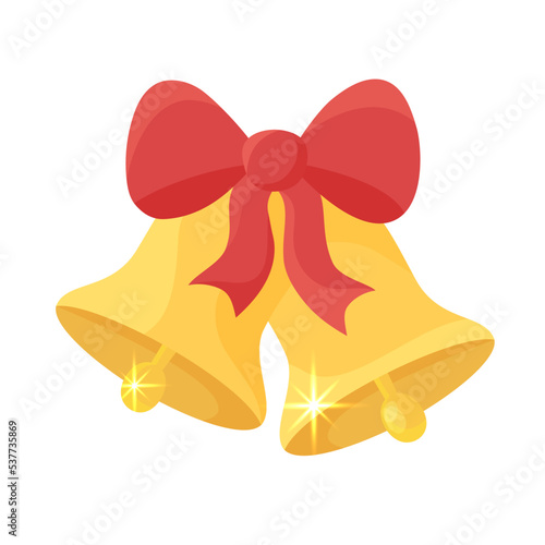 Christmas shiny golden bells with bow. Xmas design element isolated on white background. Flat vector illustration of two glowing holiday symbols