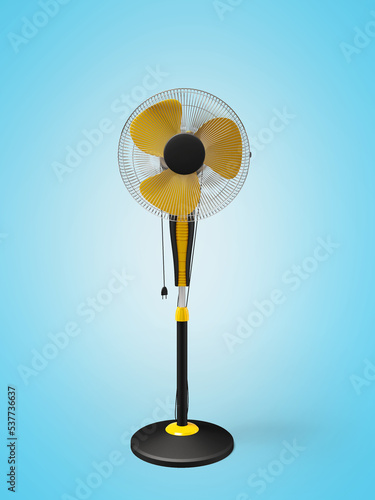 3D illustration of yellow air cooler fan on blue background with shadow