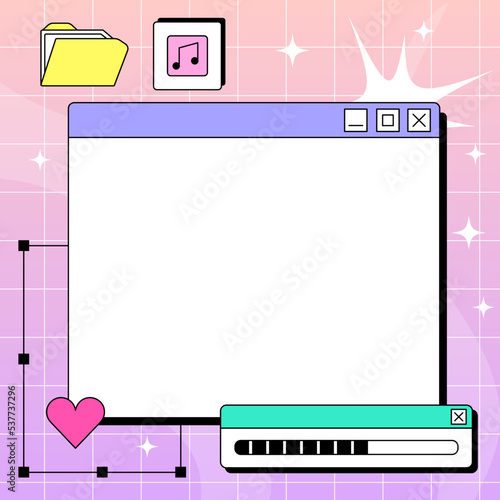 PC window in y2k style. Retro interface of an old computer with a bright color. Copyspace template. Retro wave and vaporwave