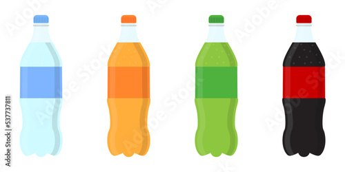 Set Sweet water plastic bottle soda, lemon, orange and water. Drinks in bottles. Plastic beverage bottles icon set. Flat vector icon