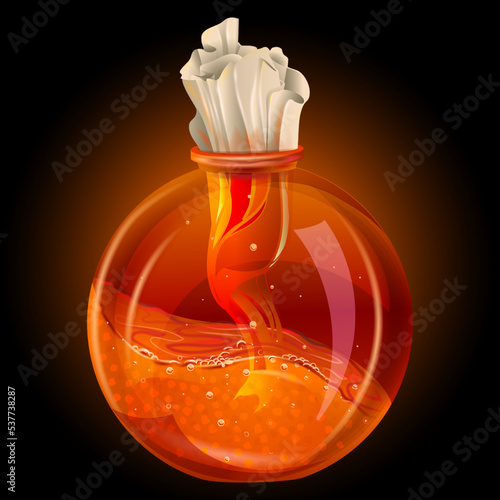 glass alchemy flask with liquid for use as: incendiary liquid, magic potion, explosive potion, health potion or poison