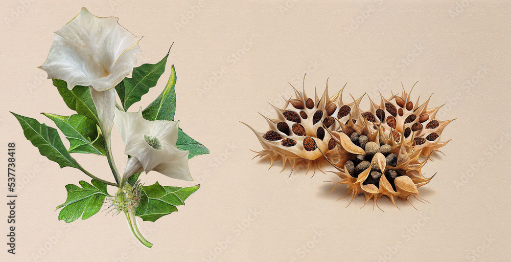 Datura Angel’s Trumpets (Datura Stramonium). Botanical illustration on white paper. The best