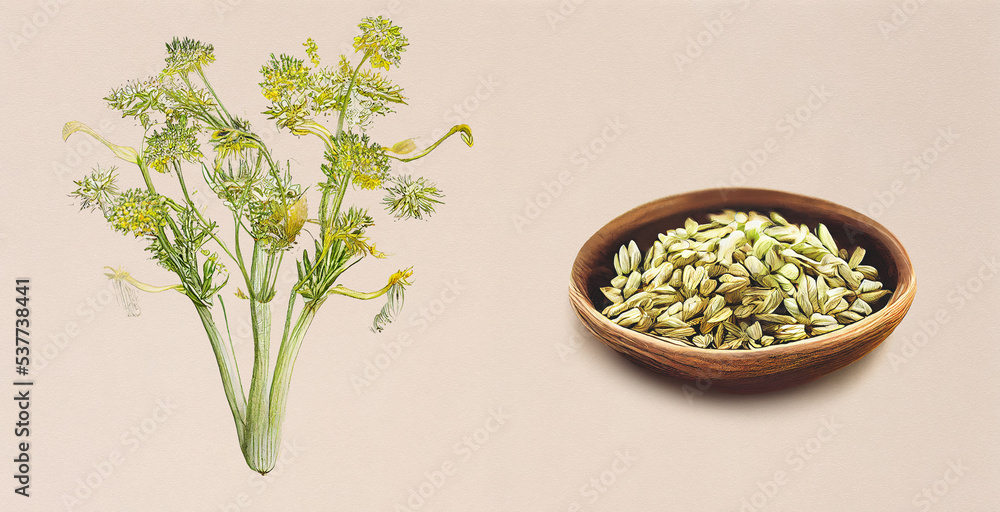 Fennel seeds (Foeniculum vulgare), Botanical illustration on white