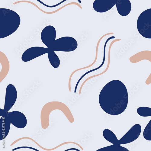 Seamless hand drawn pattern. Abstract modern shapes and objects. Doodle design elements. Background, wallpaper, packaging, textile template.