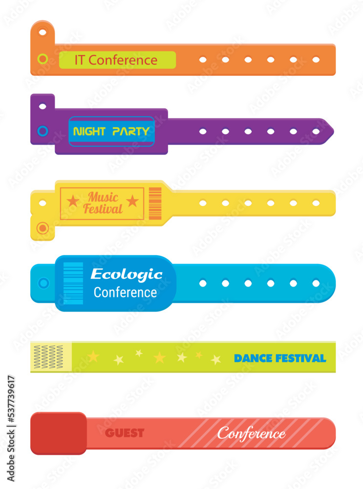 Fototapeta premium Colorful events bracelets for entrance cartoon vector illustration set. IT conference, night party, music festival, ecologic conference, dance festival, concert bracelets of different shape and color