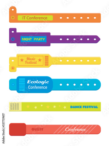 Colorful events bracelets for entrance cartoon vector illustration set. IT conference, night party, music festival, ecologic conference, dance festival, concert bracelets of different shape and color
