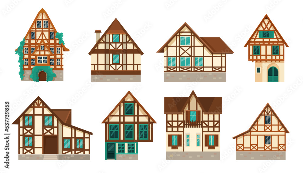 Old German half-timbered houses flat vector illustrations set. Collection of cartoon drawings of traditional half timber houses isolated on white background. Construction, exterior design concept Old German half-timbered houses flat vector illustrations set. Collection of cartoon drawings of traditional half timber houses isolated on white background. Construction, exterior design concept