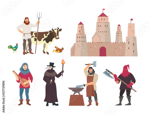 Medieval people of different trades cartoon illustration set. Farmworker with cow, executioner, swordsmith characters of middle age period. History, historic building, renaissance concept