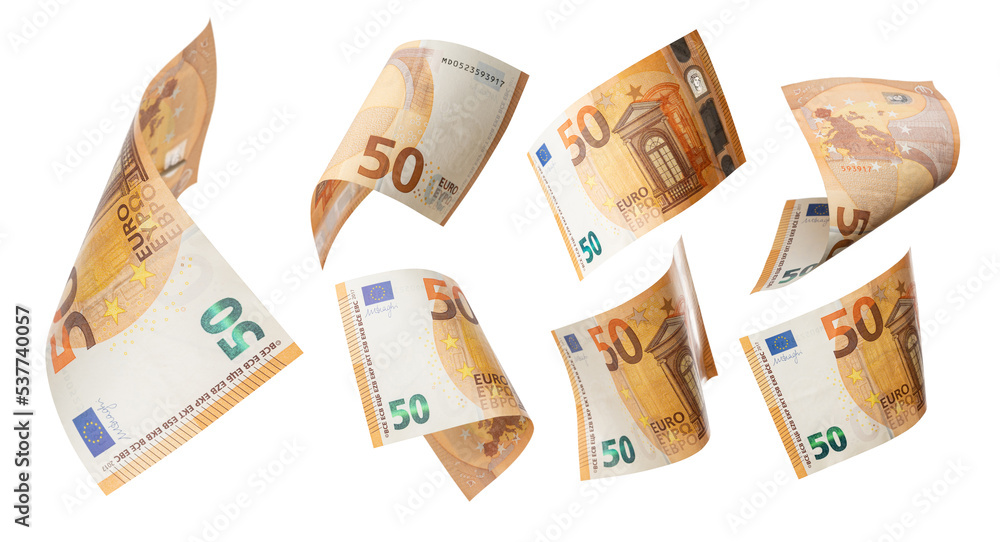 50 euro flying on white background. Euro Union banknotes at different angles - obrazy, fototapety, plakaty 