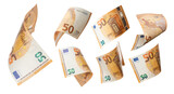 50 euro flying on white background. Euro Union banknotes at different angles